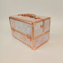 Joligrace Makeup Train Case Professional - 13.5 Inch Portable Artist Lockable Aluminum Cosmetic Organizer Storage Box with 4 Adjustable Dividers Trays 2 Locks and Shoulder Strap Rose Gold