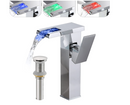 Chrome Bathroom Vessel Faucet Led Light 3 Color Changing Waterfall Single Handle One Hole Bowl Sink Faucet Matching Pop Up Drain Without Overflow Supply Lines Vanity Lavatory Deck Mount Mixer Tap Tall