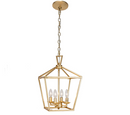 Untrammelife 4-Light Aged Gold Lantern Pendant Light, Adjustable Height Metal Geometric Light Fixture 12’’ Classic Cage Lantern Chandelier for Kitchen Island Hallway, Hand-Pasted Gold Foil Finish