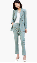 Women's Two Piece Plaid Open Front Long Sleeve Blazer and Elastic Waist Pant Set Suit (Green, X-Small)
