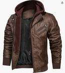 Hood Crew Men's™Casual Stand Collar PU Faux Leather Zip-Up Motorcycle Bomber Jacket With a Removable Hood