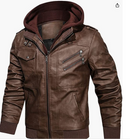 Hood Crew Men's™Casual Stand Collar PU Faux Leather Zip-Up Motorcycle Bomber Jacket With a Removable Hood