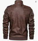 Hood Crew Men's™Casual Stand Collar PU Faux Leather Zip-Up Motorcycle Bomber Jacket With a Removable Hood