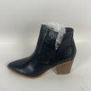 Kathemoi Womens Ankle Boots Slip on Cutout Pointed Toe Snakeskin Chunky Stacked Mid Heel Booties