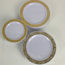 BUCLA 350PCS Gold Plastic Plates with Disposable Plastic Silverware&Hand Napkins, Gold Plastic Dinnerware Lace Design include 100 Plates,50 Forks, 50 Knives, 50 Spoons,50 Cups,50 Disposable Napkins